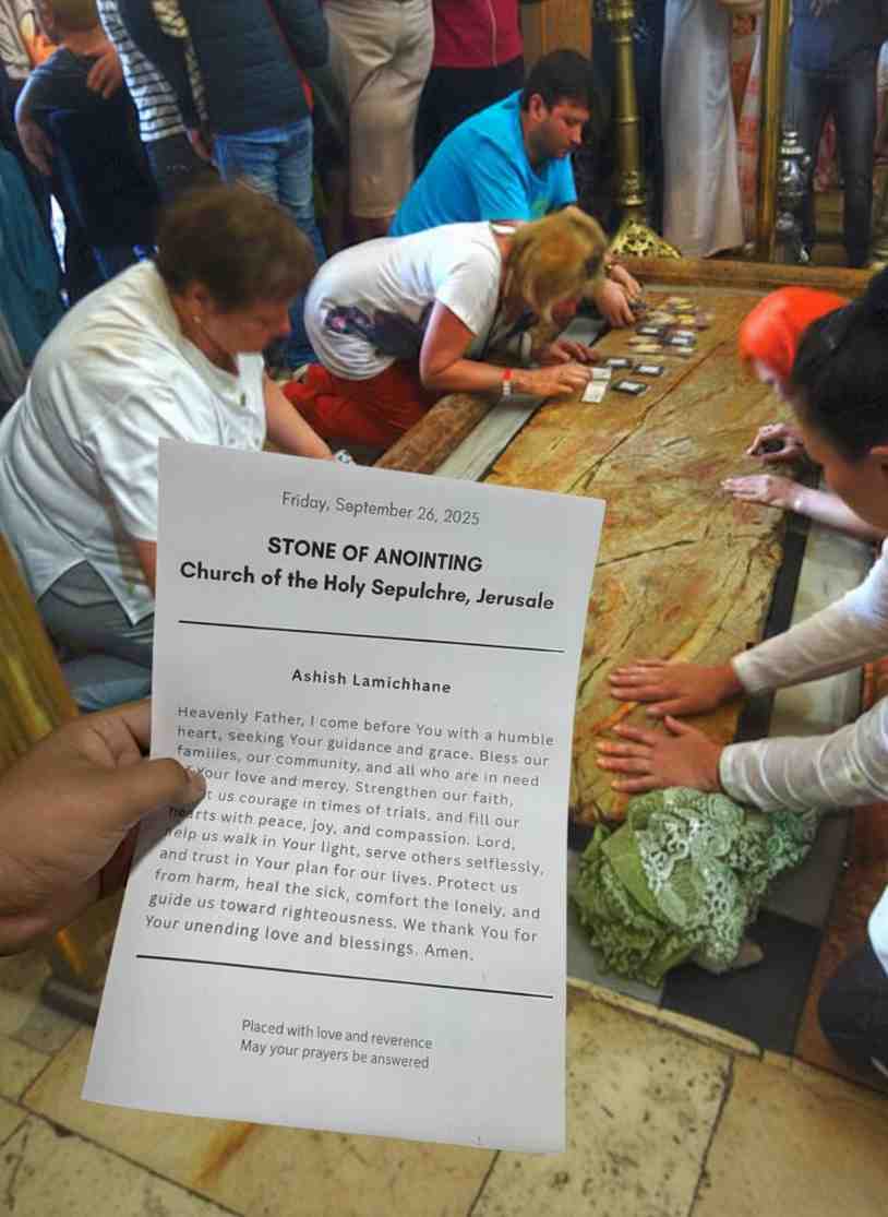 Photo confirmation of a prayer placed at the Stone of Anointing