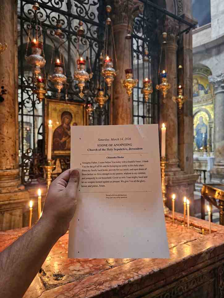 Photo confirmation of a prayer placed at the Stone of Anointing